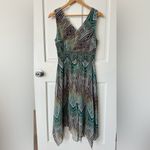 Dress Barn  Retro Print Flutter Hem Midi Dress  Teal Green Brown Whimsical Size 10 Photo 2