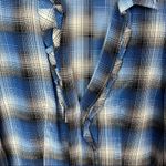 BCBG Maxazria Blue Plaid Ruffle Neck Silk Long Sleeve Top M Photo 2