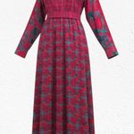 Vintage 80s Halston III Silk Floral Plaid Dress Red Pink Teal Belted Midi Size 4 Photo 0