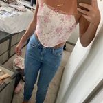 Floral Print Contrast Embroidered Mesh Curved Hem Tube Top White Size L Photo 4