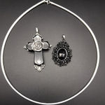 None Silver Tone Collar Necklace &2 Black Pendants Oval & Cross Whimsigoth Witchy 18" Photo 0