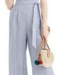 J.Crew  Women's Blue Striped Linen Jumpsuit M Sleeveless Wide-Leg Photo 0