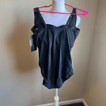 Aqua Green black ruched one piece bathing suit | large Photo 2