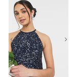 New! Maya halterneck midi tulle dress‎ tonal delicate sequin navy size 2 Blue Photo 3