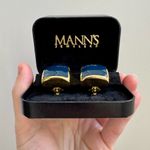 Vintage 80s M.Jent Gold & Navy Enamel Square Fashion Clip Photo 8