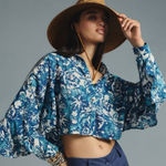 Pilcro Anthropologie  Blouse Batwing Flowy Oversized Ruffle Trim Blue Size S Photo 0