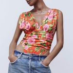 ZARA  Draped Floral Print Plunge V Neck Bodysuit Women’s Size Medium Photo 1