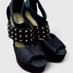 Stylish Black Suede Chunky Wedge Sandals With Gold Studds Size 9 Photo 0