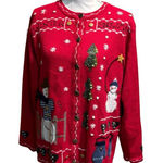 Quacker Factory  Sweater VTG Cardigan Christmas‎ Snowman Red Holiday Knit Medium Photo 0