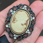 Vintage Unsigned Cameo with Black Bow & Faux Pearl Dangle Brooch Photo 4