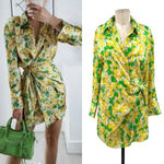 ZARA ‎ Green Yellow Floral Print Satin Wrap Mini Dress Size Medium Photo 1