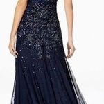 Adrianna Papell  Midnight Blue Sequin Beaded Cap Sleeve V-Neck Formal Gown Photo 1