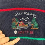 Vintage 80s Navy Blue Wool Embroidered Only For Boys Adventure Sweater Womens XS Photo 2