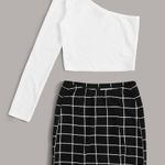 SheIn One Shoulder Crop Top And Split Grid Skirt Set Photo 0