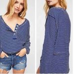 Free People We The S Small Hong Kong Henley Top Navy Striped Raw Hem Boho Beachy Photo 1