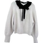 ZARA White Knit Black Velvet Bow Collar Long Sleeve Pullover Sweater Medium Photo 0