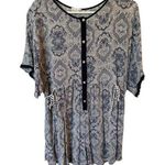 Hem & Thread  Short Sleeve Button Front Tunic Blouse Paisley Blue Women's Size M Photo 0