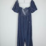 Anthropologie  Velvet Jumpsuit Size 10 Blue Off Shoulder Ruched Wide Leg Occasion Photo 8