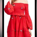 Free People NWT  Counting Daisies Red off The Shoulder Embroidered Mini Dress M Photo 0