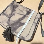 ABRO suede leather abstract print saddle bag, brown and tan, adjustable strap Photo 11