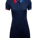 G/fore Fine Knit Dress Women L Navy Blue 100% Wool Super Soft Pkts Accent Stripe Size L Photo 0