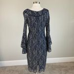 XScape  Metallic Floral Lace Long Bell Sleeve Sheath Navy Blue Size 6 Boat Neck Photo 3