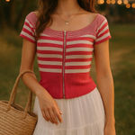 Vintage Dolce Vita Pink White Striped Shimmer Zip Front Knit Y2K Top Size M Size M Photo 0