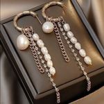 Pearl Dangle Earrings Gold Hoop Chain Rhinestone Drop Earrings Women Photo 4