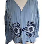 ZARA  Blue Embroidered Boho Peasant‎ Top M Lyocell Pom Pom Festival Folkk Photo 0