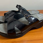 Dansko  Sela Patent Leather Slip On Sandal Heel Criss Cross Strappy Buckle Black Photo 0