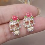 Gold Skull Rainbow Rhinestone stud earrings with Pink Rose Accents New gift Photo 2