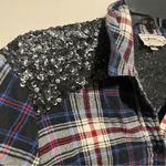 EXPRESS  Boyfriend Sequin Blue Plaid Button Down Flannel Size Small Photo 5