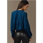 Pilcro Anthropologie  babydoll textured top cropped long sleeve royal blue sz MP Photo 9