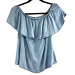 Evereve Allison Joy Chambray Flounce Top Size S Stretch Ruffle Romantic Casual Photo 1