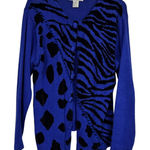 Vintage Lisa International Blue Black Zebra Cardigan Sweater Women M Funky Artsy Size M Photo 0