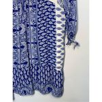 Entro  Damask Tapestry V-Neck Babydoll Mini Dress Blue & White Small Photo 1