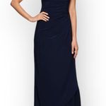 Alex Evenings Navy Blue Crepe Side Ruched Dress Sweetheart Lace Illusion Sz 10 Photo 0