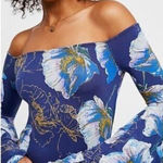 Free People  90’s Bell Sleeve Birds of Paradise Top in Blue Small Photo 0