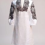 Tory Burch Beaded Mini Dress Tunic Sz 4 White Linen Brown Floral Embellished Photo 0