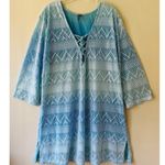 Lace Up Swim Cover Up Tunic Stretch Side Slits V Neck Semi Sheer Size L Blue Size L Photo 1