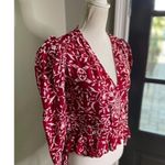 The Kooples Botanical-Print Puff-Sleeve Peplum Silk Top Red Womens Size 2 Medium Photo 5