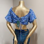 Wild Fable Women's Blue Floral Print Short Sleeve Cropped Top Size L Photo 3