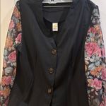 ETAM BRAND VINTAGE BLACK BLOUSE WITH SHEER FLORAL SLEEVES SIZE SMALL/MEDIUM Photo 2
