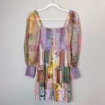 Alice + Olivia Rowen Smocked Patchwork Square Neck Mini Dress Floral Pastel Small Photo 1