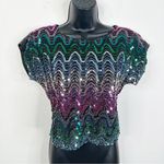 Vintage Rio Blouse Rainbow Sequin Shimmer Short Sleeve Shirt Size Small Pink Photo 0