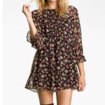 Free People Black Comb Ditsy Floral 3/4 Sleeve Ruched Babydoll Mini Dress Tunic Photo 0