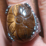 Hand Carved Tiger's Eye Dragon Flower Stainless Steel Cocktail Ring (Size 8) Photo 0