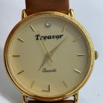 Treavor ladies 32mm Quartz analog watch gold tone Japan brown leather band runs Photo 1