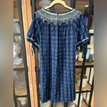 Madewell Embroidered Puff short Sleeve Babydoll Dress Indigo Plaid navy pockets Photo 3
