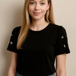 Vintage Elegant Black Top with Pearl Accents on short sleeves Photo 0